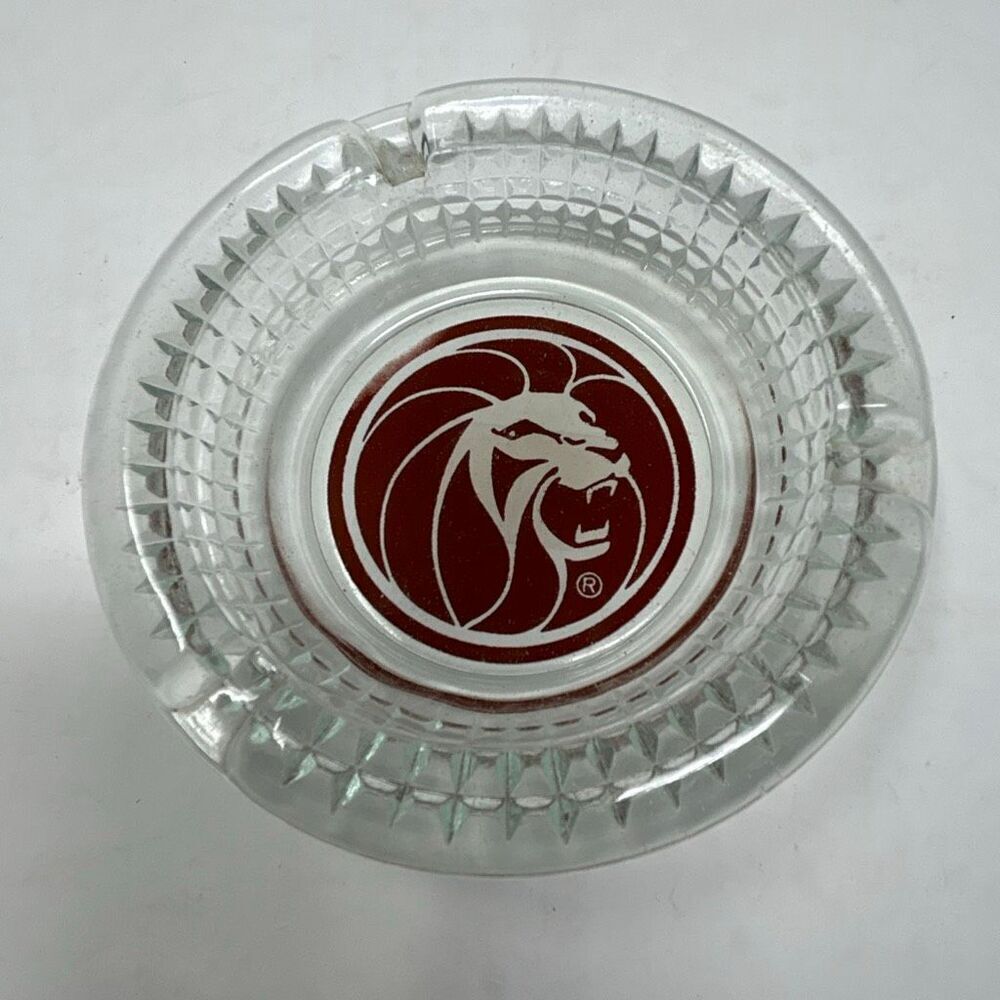Vtg MGM Grand Hotel and Casino Ashtray Las Vegas Hotel Clear Glass Maroon Lion H